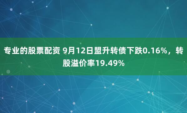 专业的股票配资 9月12日盟升转债下跌0.16%，转股溢价率19.49%